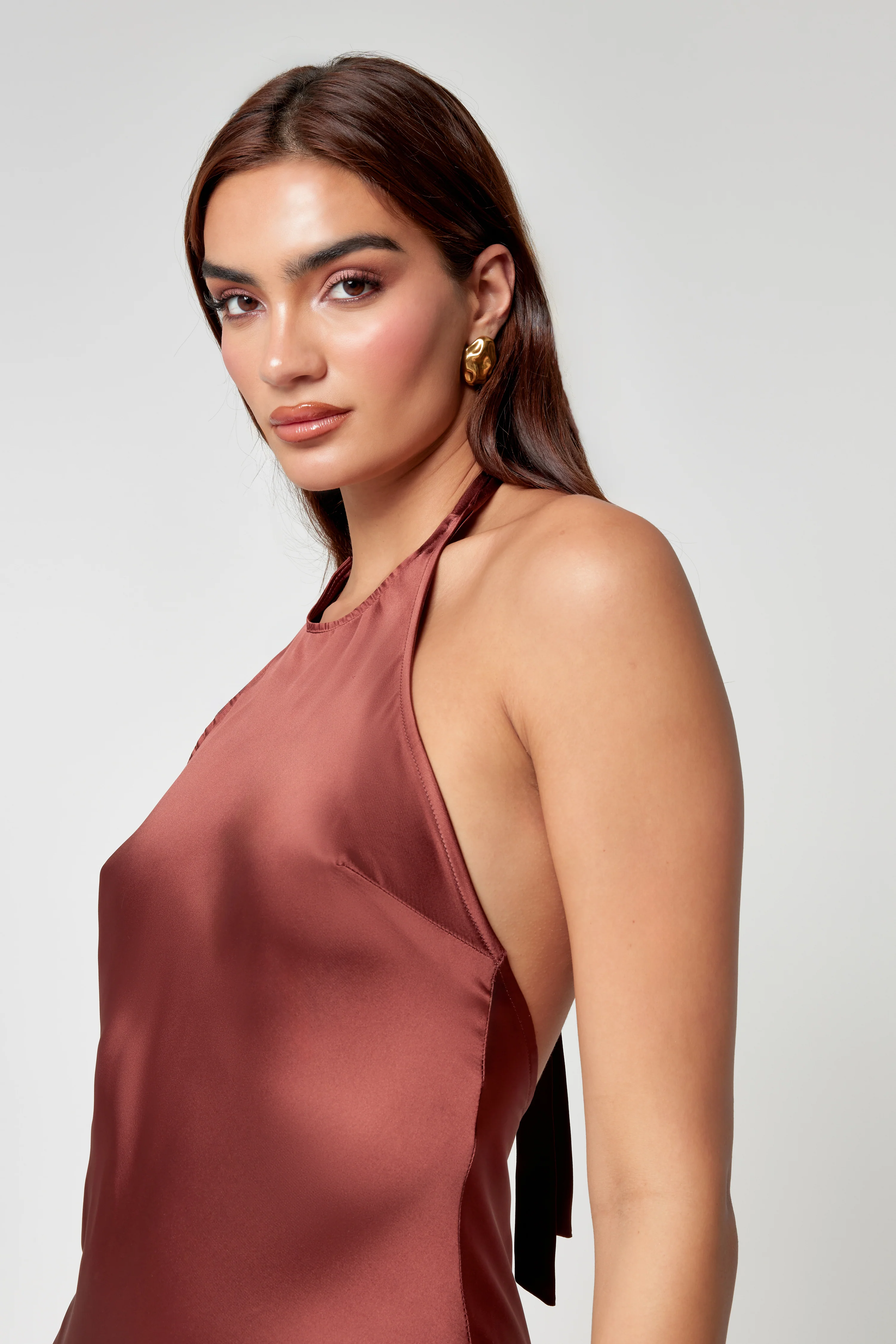 Brown Satin Maxi Dress - Image 3