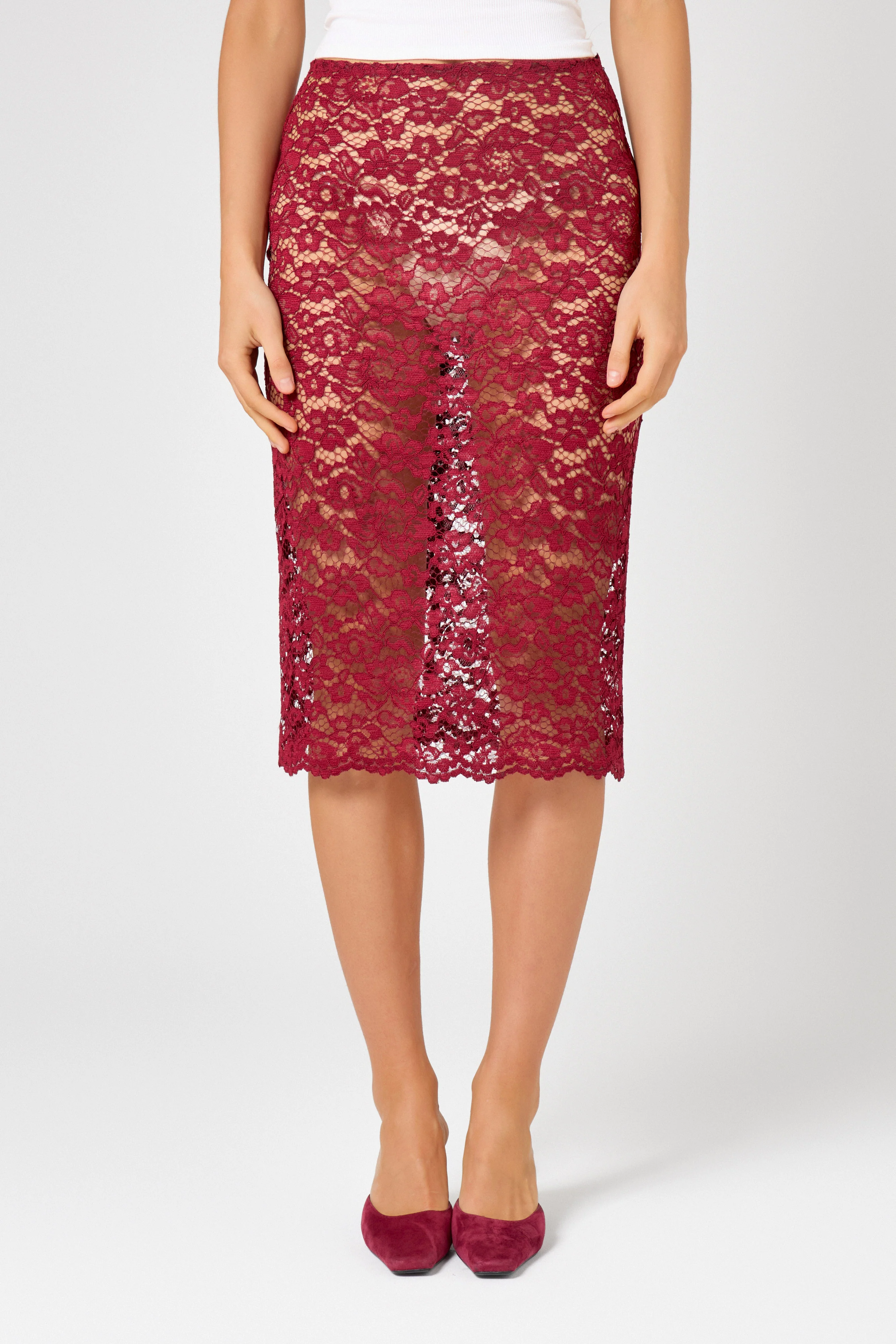Burgundy Lace Unlined Midi Skirt - Image 3