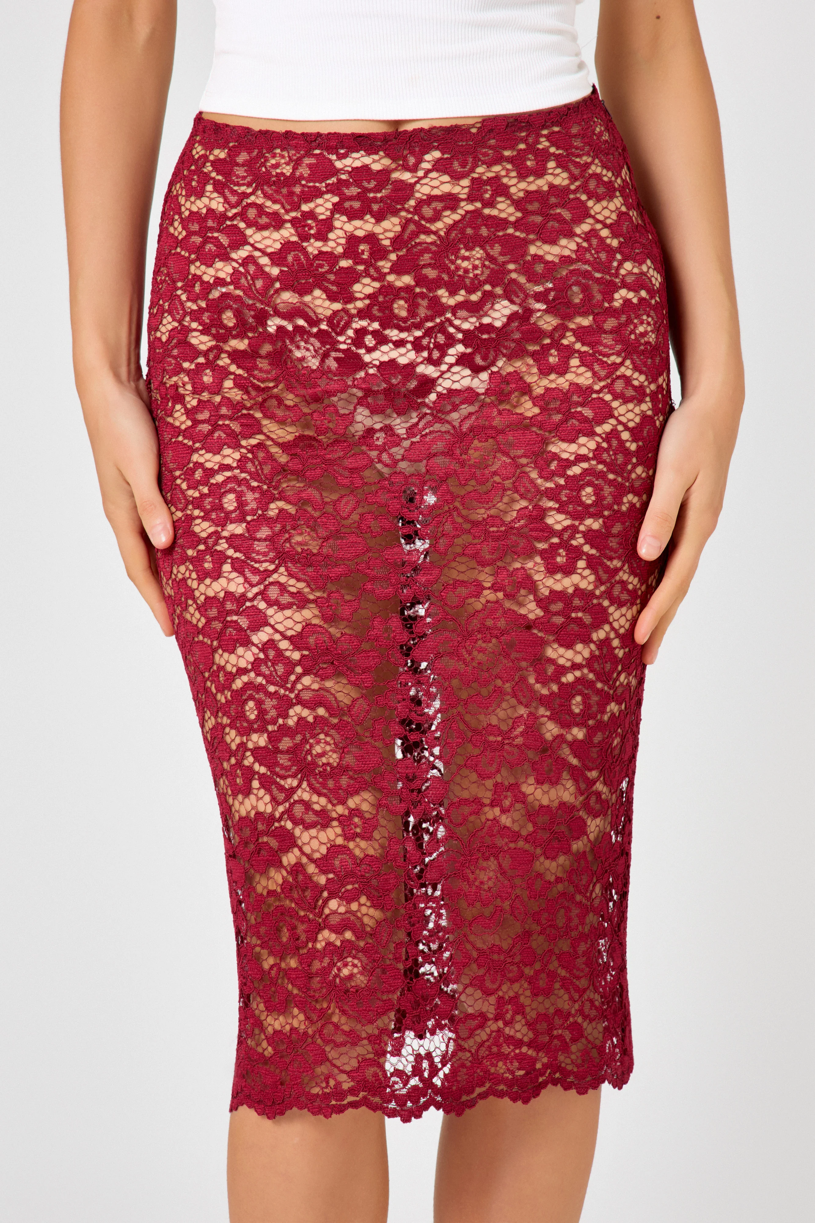 Burgundy Lace Unlined Midi Skirt - Image 4