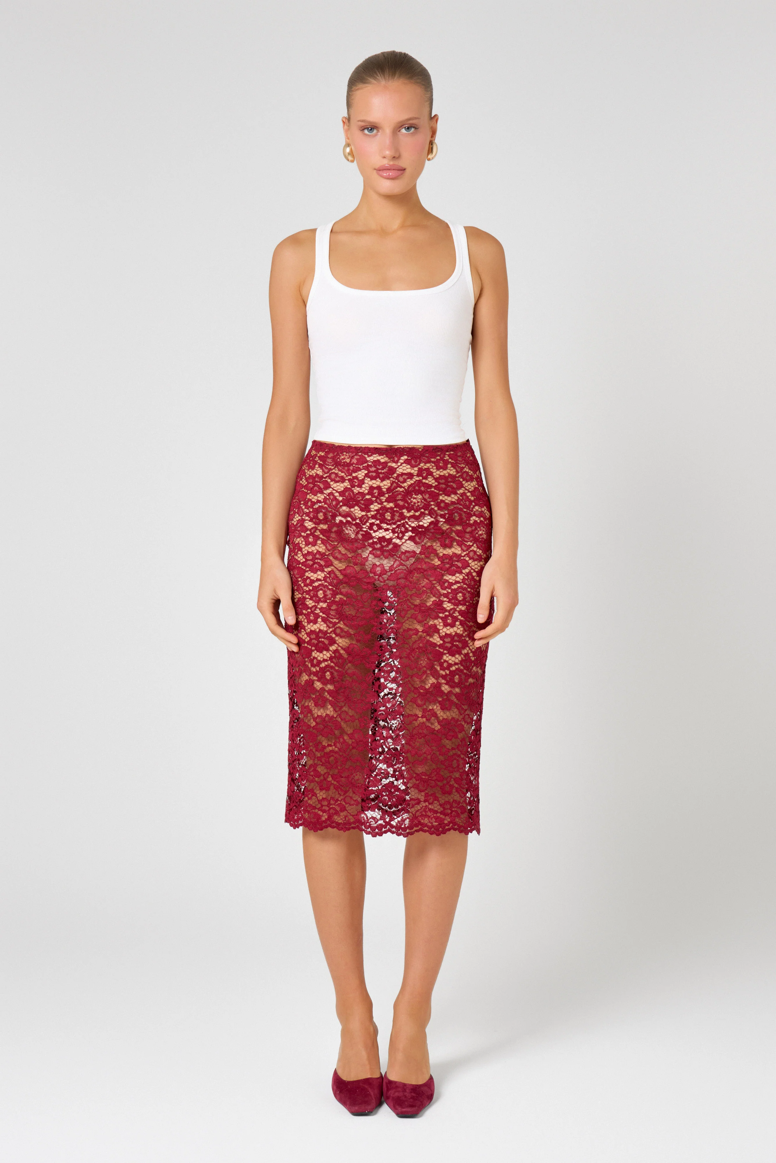 Burgundy Lace Unlined Midi Skirt - Image 5