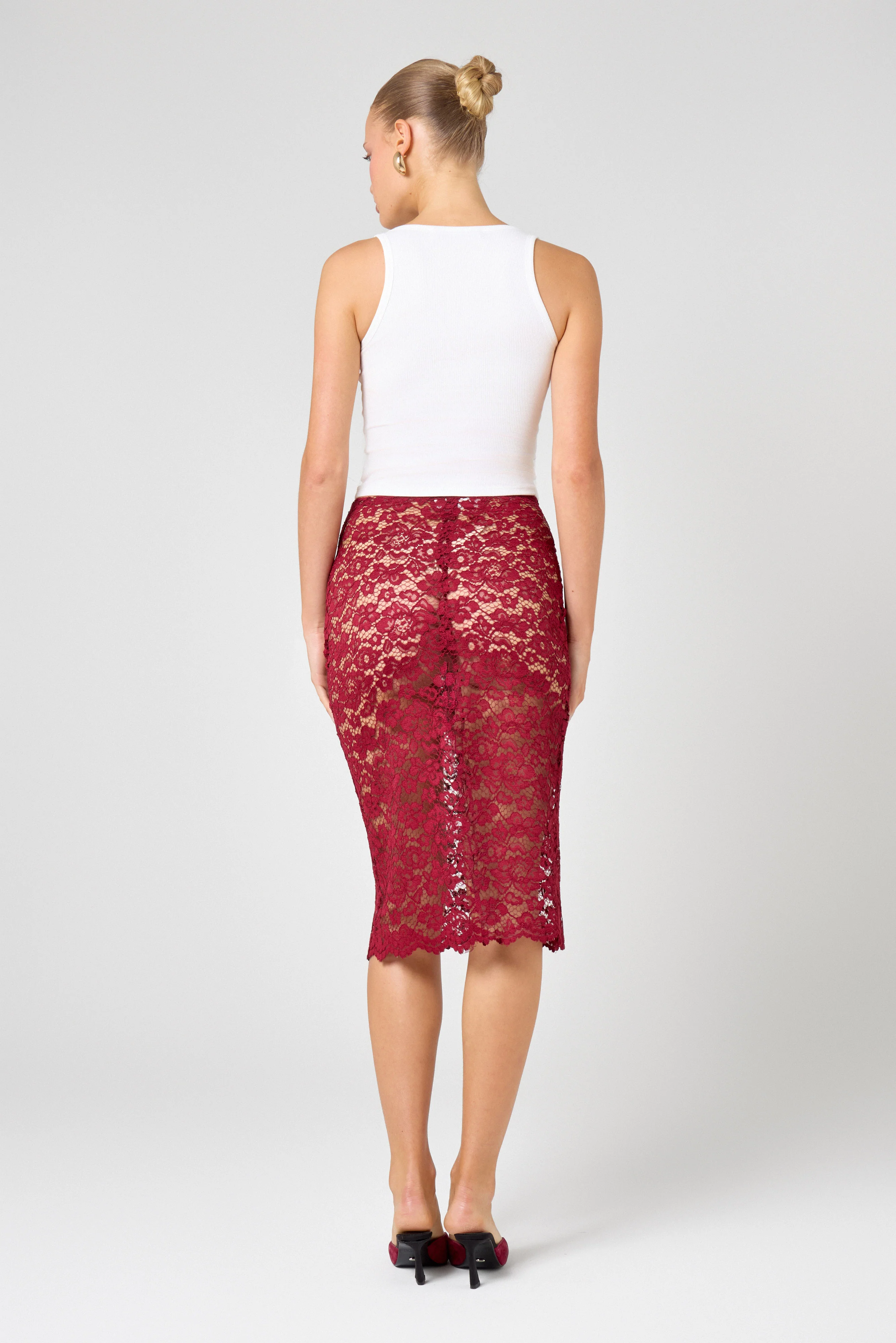Burgundy Lace Unlined Midi Skirt - Image 6