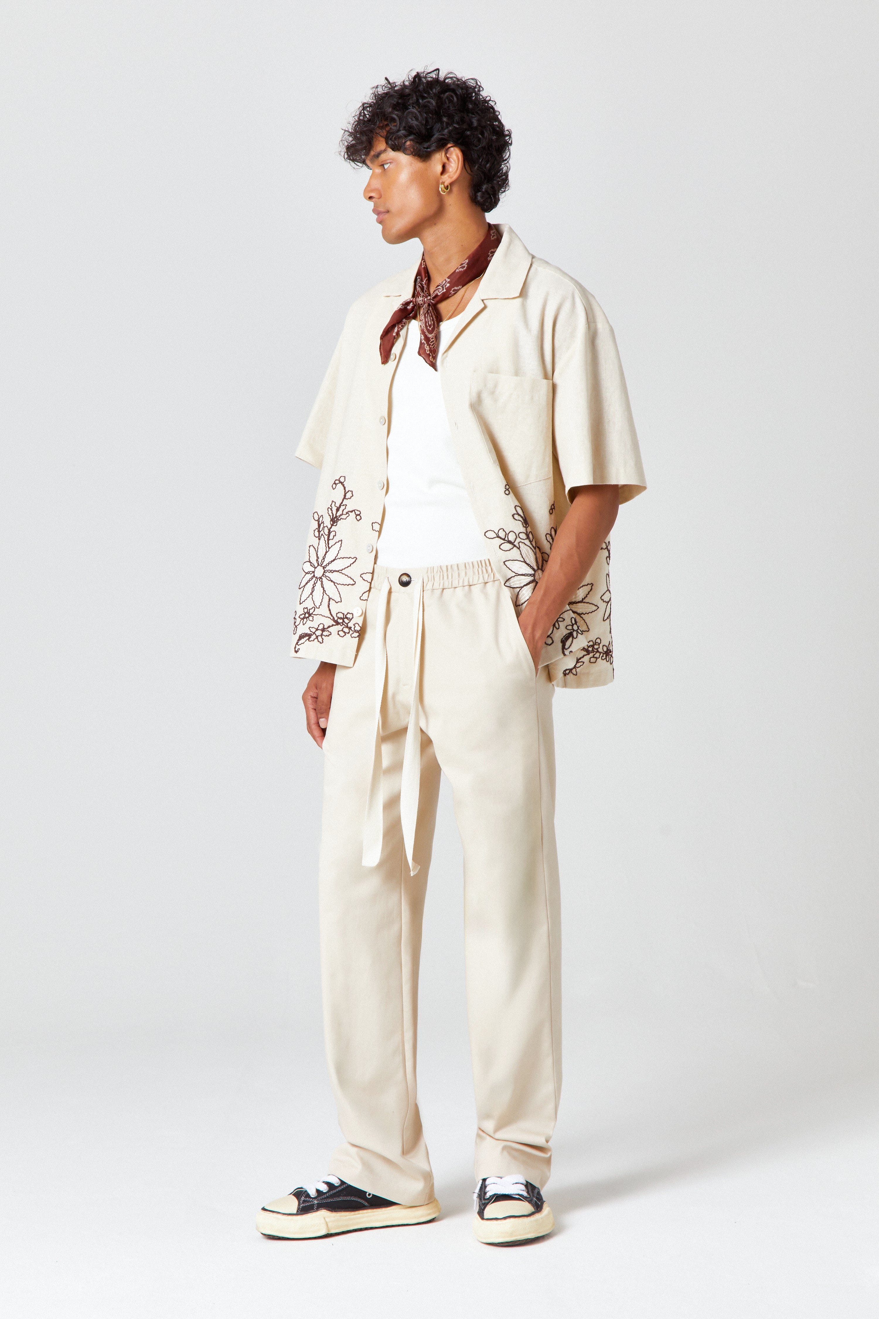 Homme Cream Drawstring Trousers - Image 3